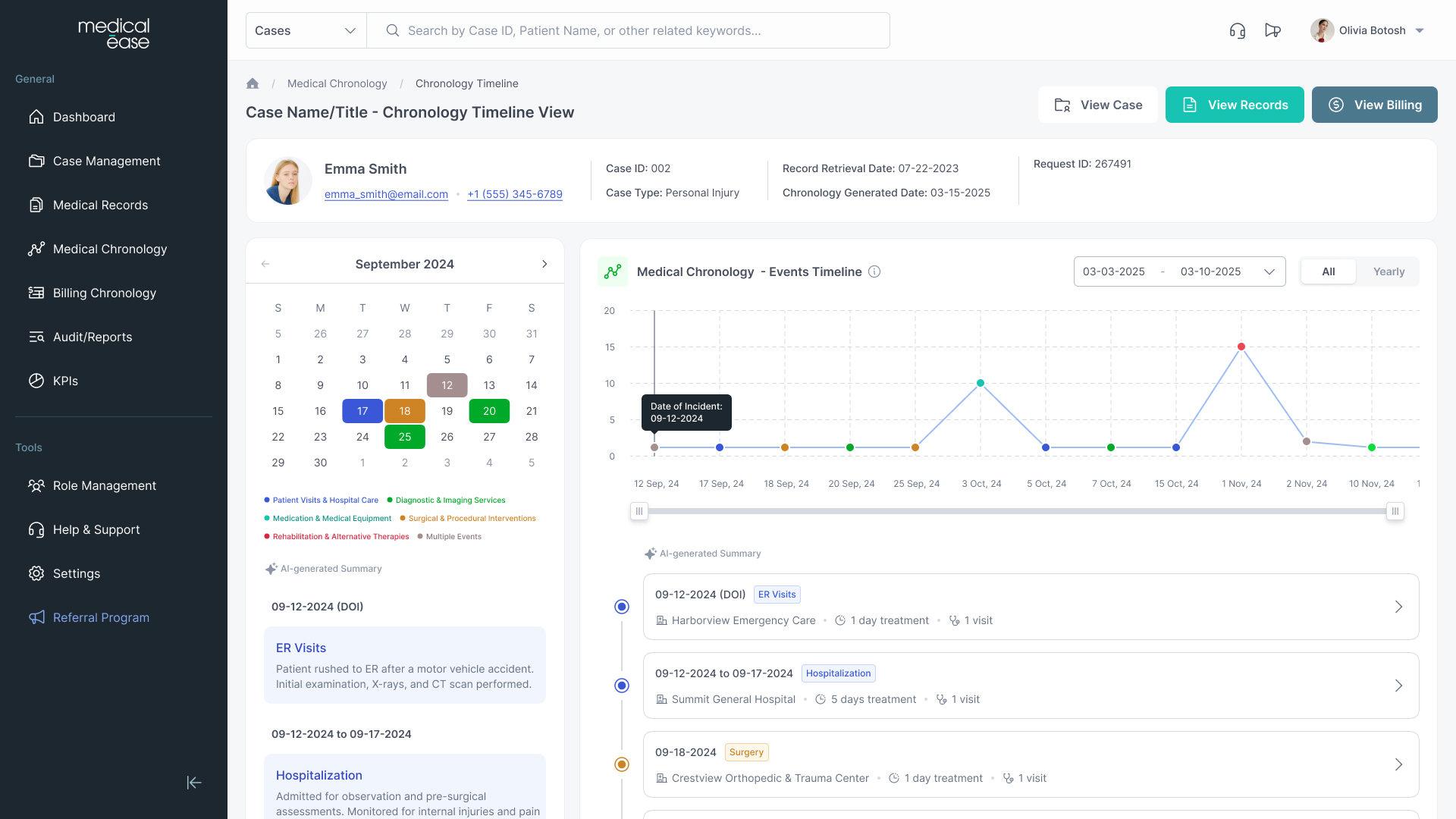 Medical chronology timeline with AI-generated summaries and linked source documents